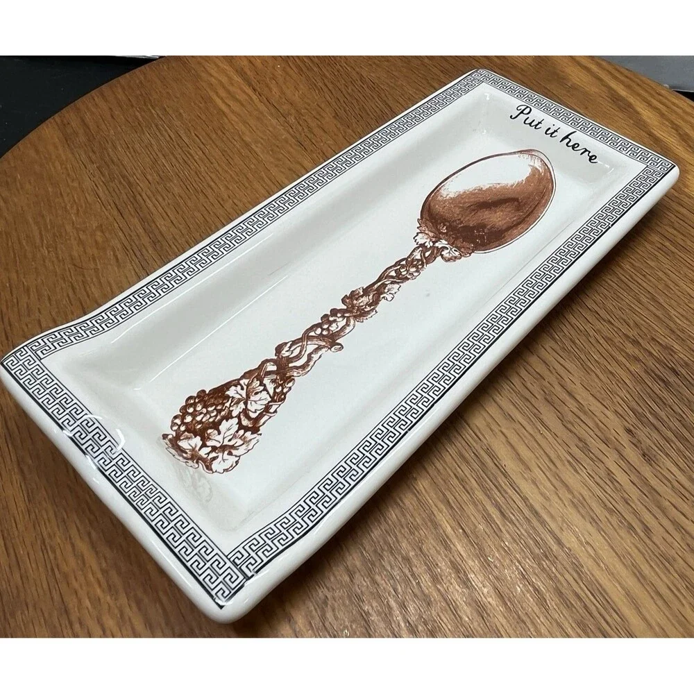 Home Essentials Put it Here Ceramic Spoon Rest Cream Brown Rectangular Tray